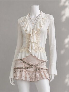 Vintage Y2K Sunny Taylor Blouse L Ivory Lace Ruffle Sheer Victorian Fairy Top
